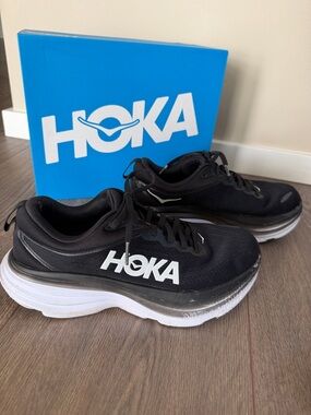 HOKA Bondi 8 Womens Size 9 HOKA Running Shoes Black & White Walking Shoes Sporty